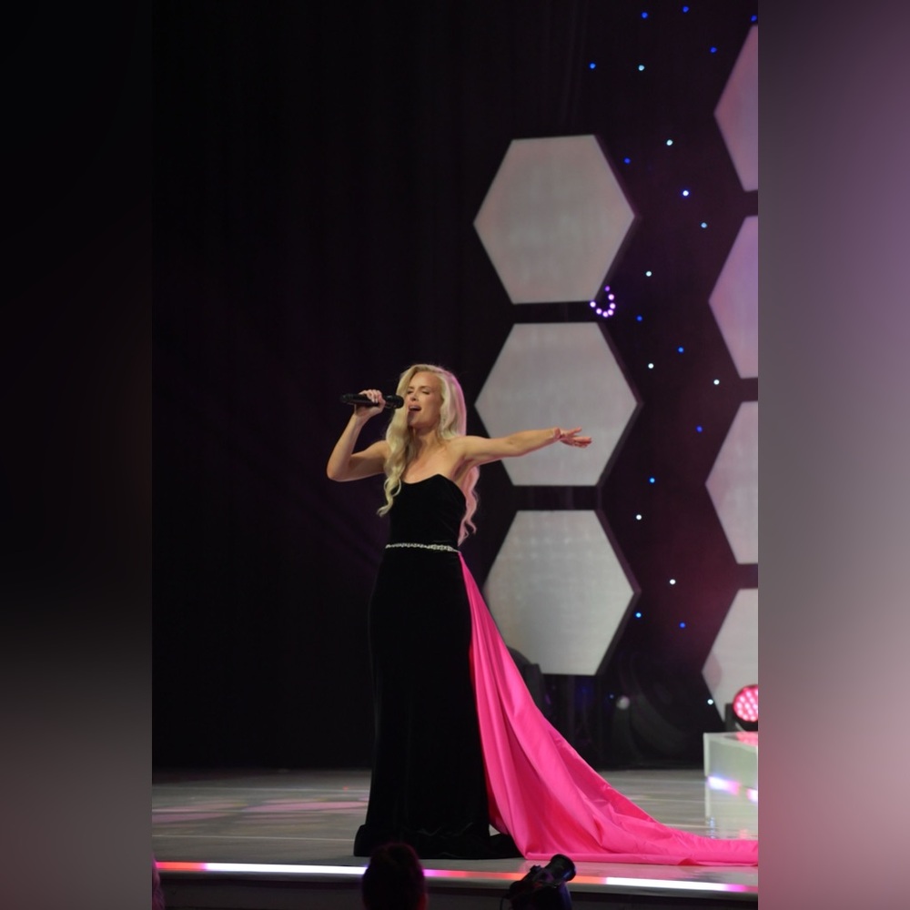 Jovani black velvet gown size 2 with long pink overskirt